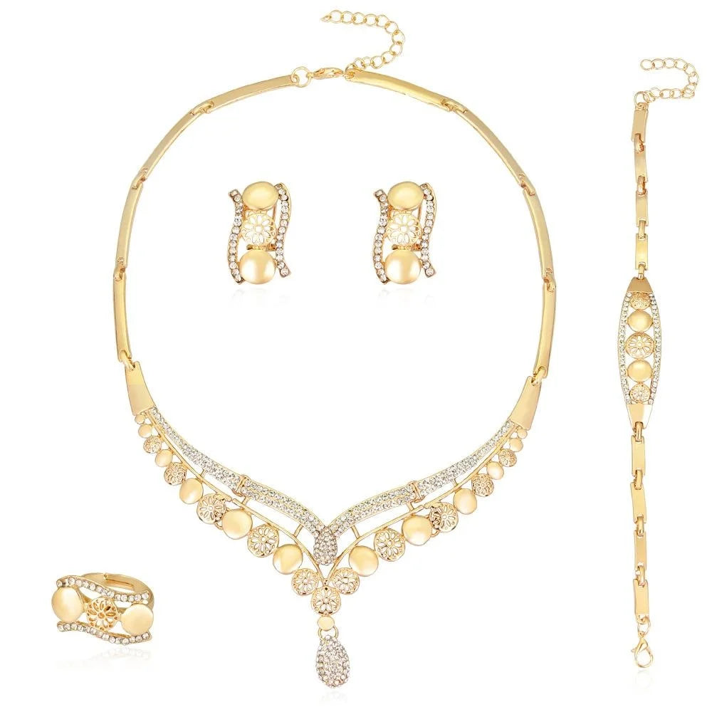 Luxury Gold Tone Rhinestone Jewelry Set, Bridal Necklace Earrings Ring Bracelet For Wedding Banquet