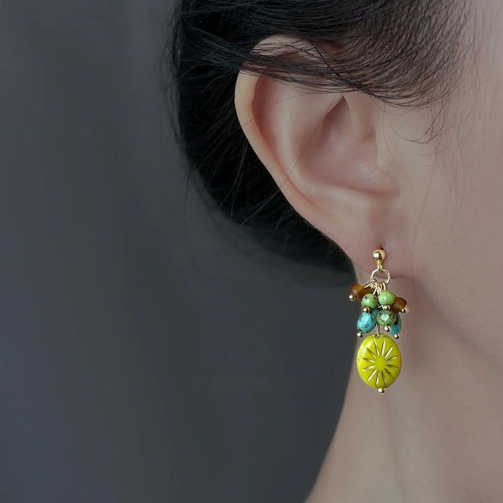 Copper Czech Glass Crystal Floral Geometric Tassel Drop Earrings Resort Style