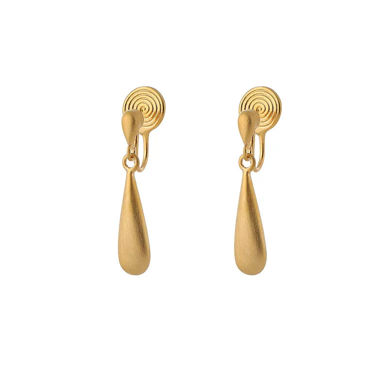 Elegant Brushed Gold Alloy Long Teardrop Spiral Disc Stud & Clip On No Piercing Geometric Drop Earrings
