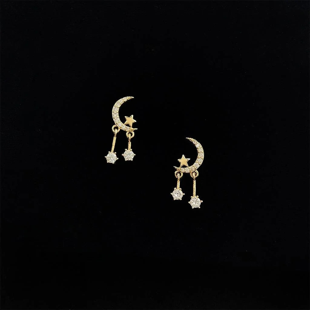 14K Gold Plated Copper Moon Star Zircon Stud Earrings Minimalist Designer Jewelry