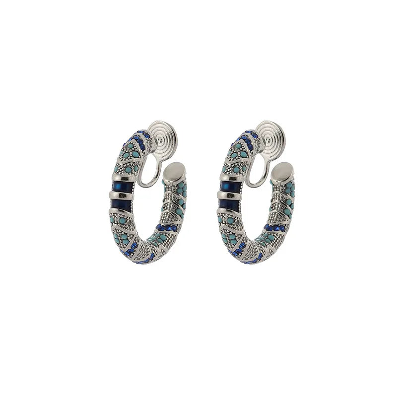 Vintage Blue Enamel Rhinestone Spiral Hoop Stud & Clip On No Piercing Luxury Statement Earrings