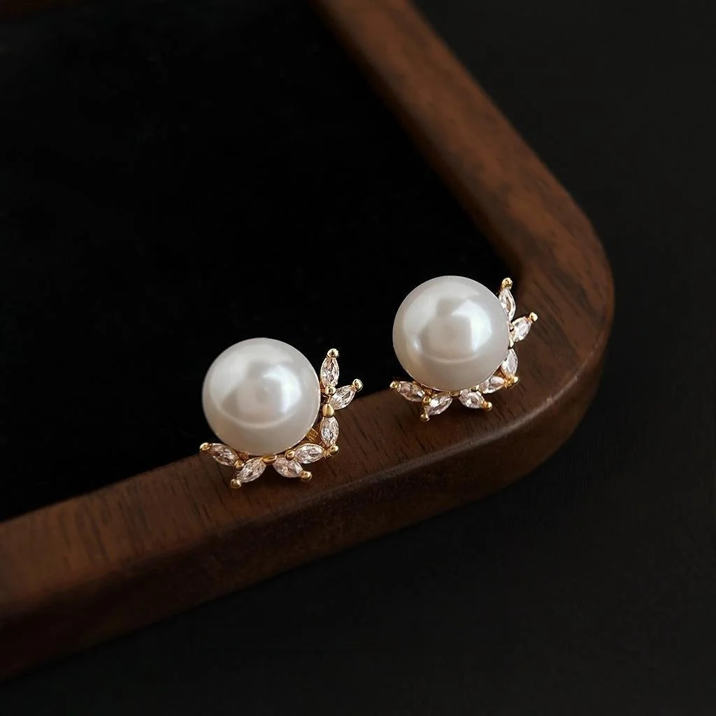 14K Gold Plated Copper Glass Pearl Zircon Floral Leaf Stud Earrings Elegant Commuter Jewelry