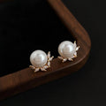 14K Gold Plated Copper Glass Pearl Zircon Floral Leaf Stud Earrings Elegant Commuter Jewelry