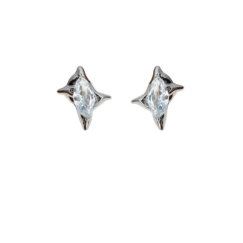 Sweet Cool Copper Micro Pave Zircon Starburst Rhombus Stud Earrings Minimalist Metallic Style