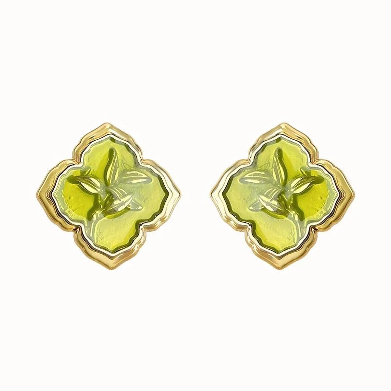 Grass Green Geometric Floral Leaf Stud Earrings Eco Copper New Chinese Fresh Style