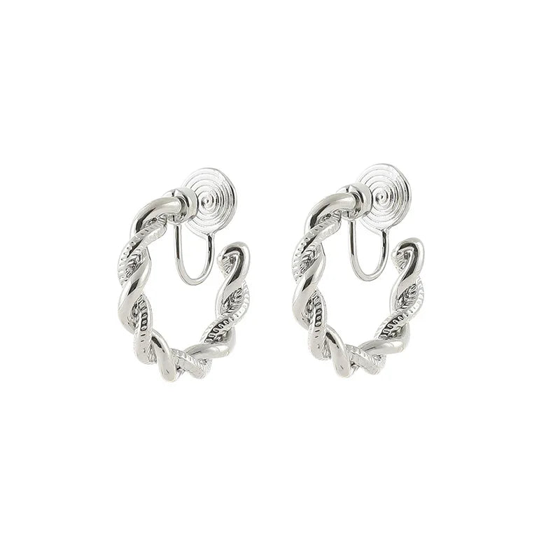 Vintage Silver Alloy Twisted Hoop Spiral Circle Stud & Clip On No Piercing Women's Fashion Earrings