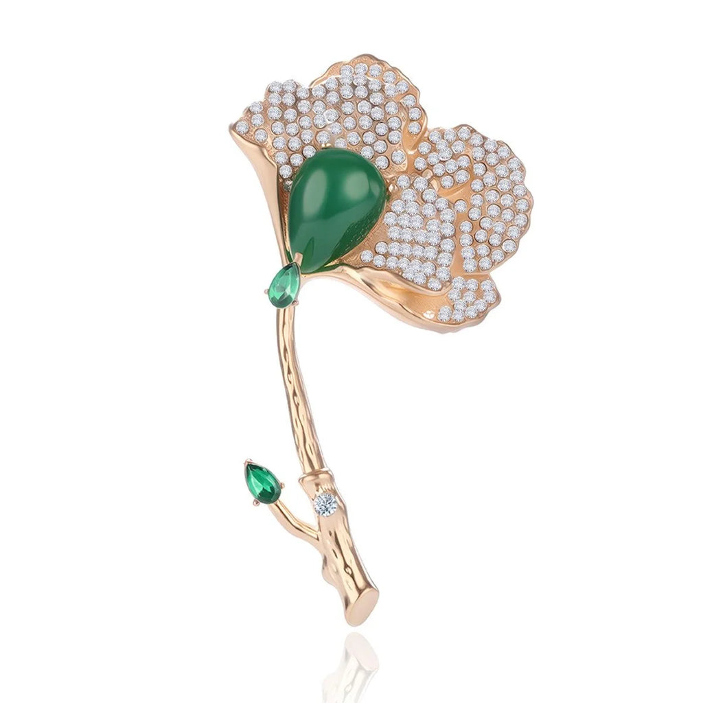Elegant Gold Alloy Ginkgo Leaf Brooch With Rhinestones And Green Stone, Women's Lapel Pin Corsage Gift