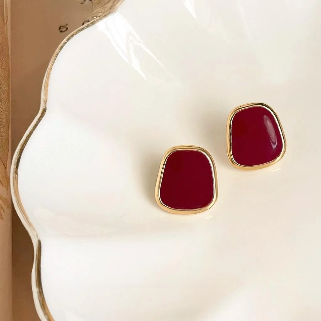Vintage Burgundy Geometric 14K Gold Plated Enamel Copper Stud Earrings