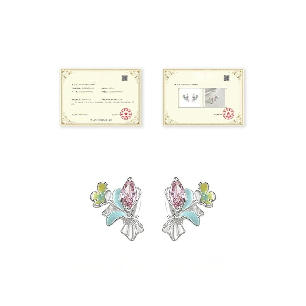 Designer Copper Zircon Micro Pave Enamel Bouquet Flower Stud Earrings Fresh Sweet Jewelry