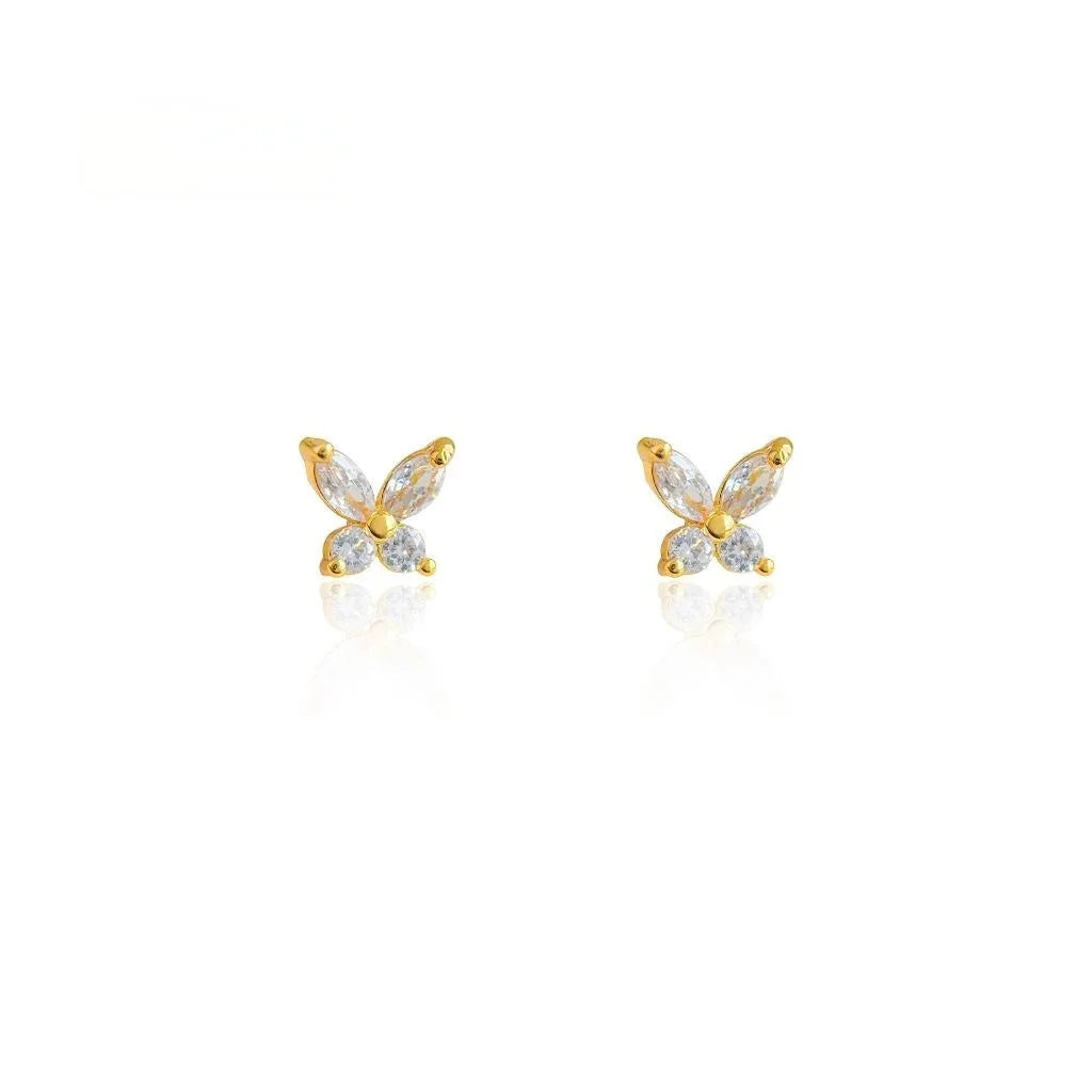 Thickened 18K Gold Plated Copper Micro Pave Zircon Butterfly Stud Earrings Light Luxury Minimalist