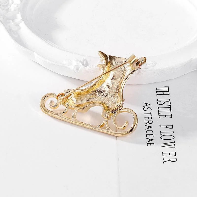 Cute Christmas Ice Skate Boot Brooch With White Enamel And Rhinestones, Gold Alloy Lapel Pin Gift