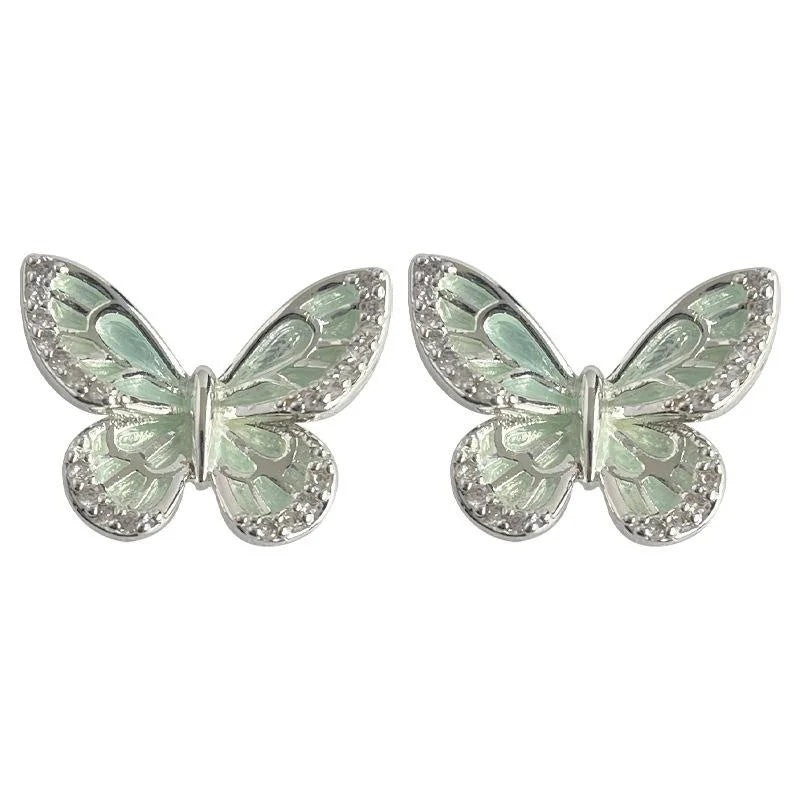 Sweet Mint Green Enamel Butterfly Stud Earrings Copper Micro Pave Zircon Jewelry