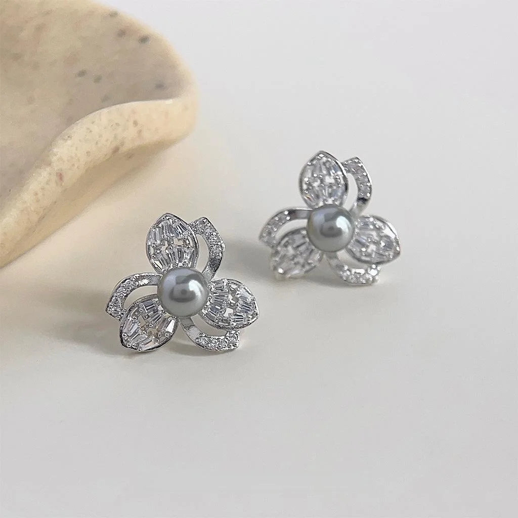 French Luxury Floral Zircon Pave Drop Earrings With Gray Glass Pearl Copper Flower Jewelry
