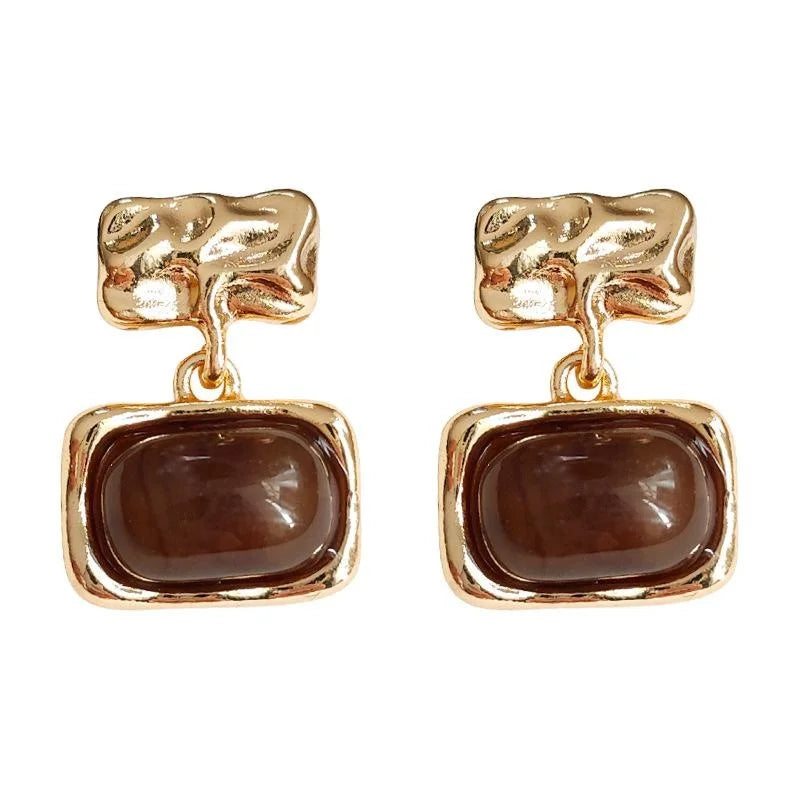 French Vintage Geometric Square Copper Resin Drop Earrings Elegant Handmade Fashion Jewelry