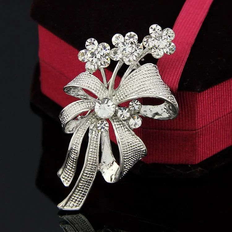 Elegant Silver Alloy Hollow Bow Brooch With Rhinestone Flowers, Women's Lapel Pin Corsage Gift
