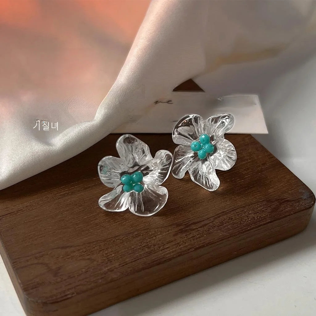 Forest Fresh Transparent Acrylic Flower Silver Plated Pin Handmade Stud Earrings