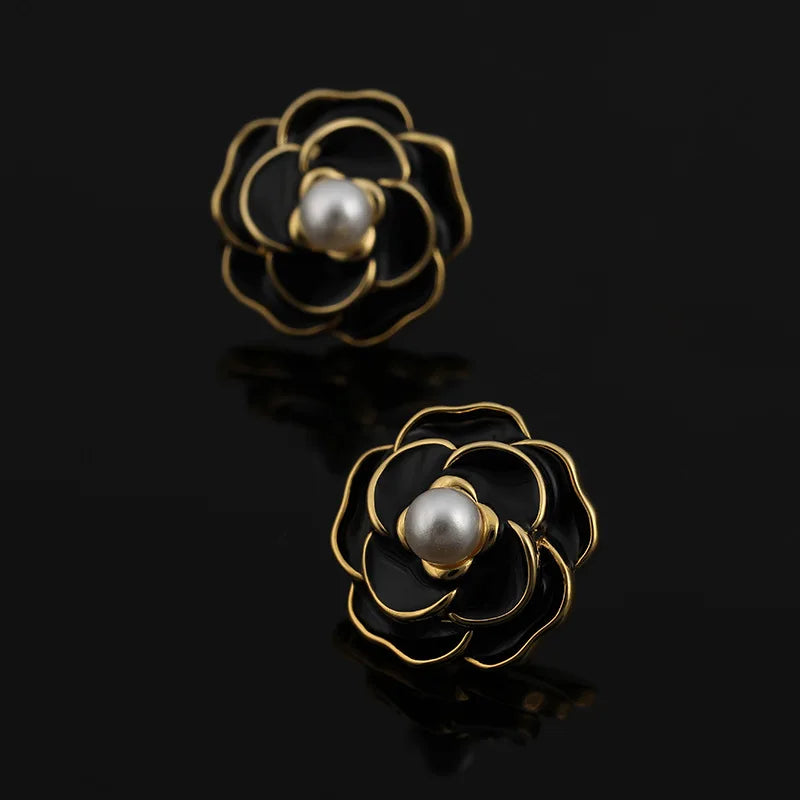 Elegant Black Enamel Camellia Flower Pearl Alloy Stud & Clip On No Piercing French Style Earrings
