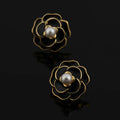 Elegant Black Enamel Camellia Flower Pearl Alloy Stud & Clip On No Piercing French Style Earrings