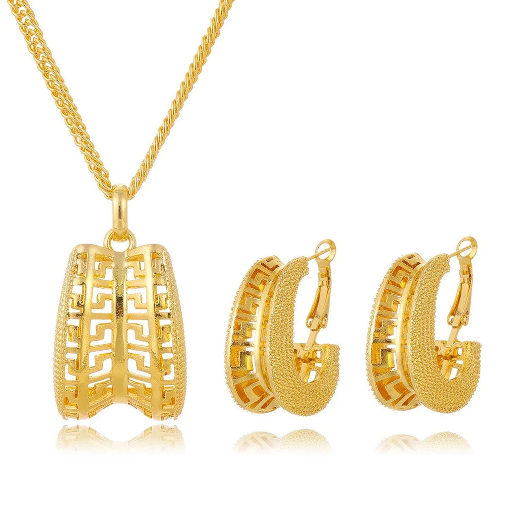 24K Gold Plated Alloy Geometric Hollow Necklace And Earrings Jewelry Set, Luxury Elegant Bridal Jewelry For Wedding