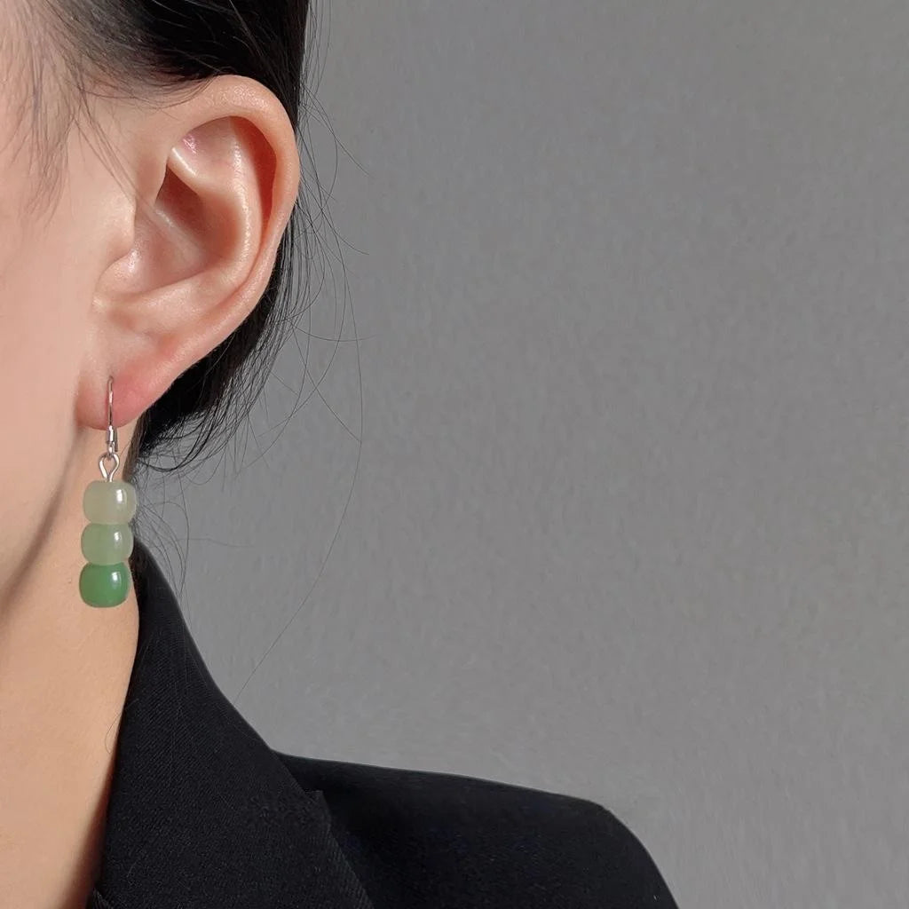 New Chinese Green Natural Stone Beaded Long Stud Earrings Geometric Round Minimalist Jewelry