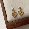 French Vintage Embossed Heart Copper Stud Earrings Handmade Light Luxury Niche Jewelry