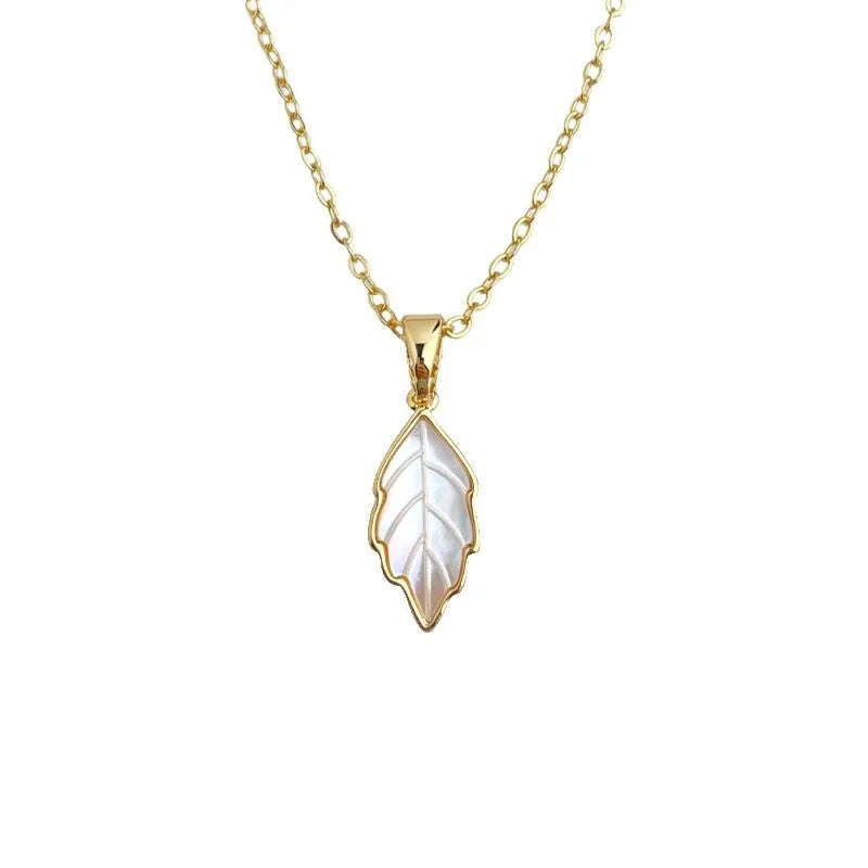 Mother Of Pearl Leaf Necklace For Women Thick Gold Plated Copper Fairy Style Collarbone Chain
