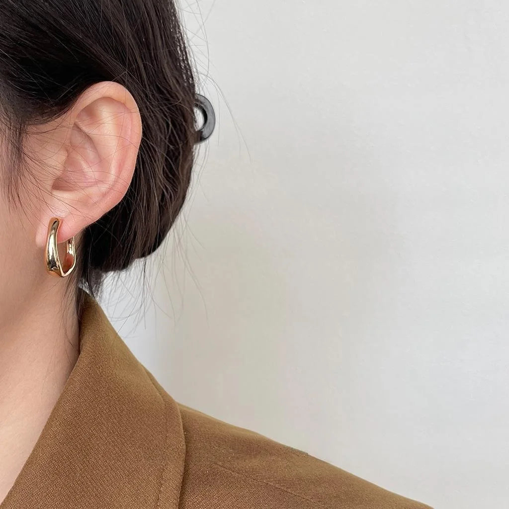 Minimalist Irregular Geometric Copper Drop Earrings, French Glossy Metal Style