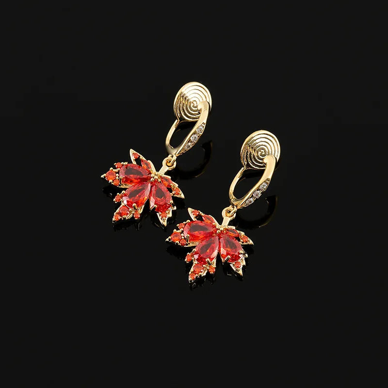 Luxury Orange Red Zircon Maple Leaf Dangle Stud & Clip On No Piercing Gold Alloy Vintage Earrings