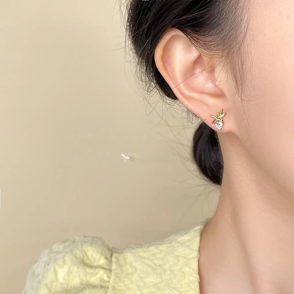 Tiny Flower Fairy Elf Zircon Copper Stud Earrings, Minimalist Fresh Designer Cartoon Jewelry