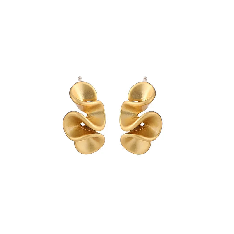 Elegant Matte Gold Alloy Wavy Pleated Ruffle Flower Stud & Clip On No Piercing Statement Earrings