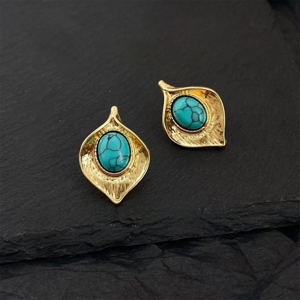 Vintage 14K Gold Plated Synthetic Turquoise Leaf Geometric Stud Earrings
