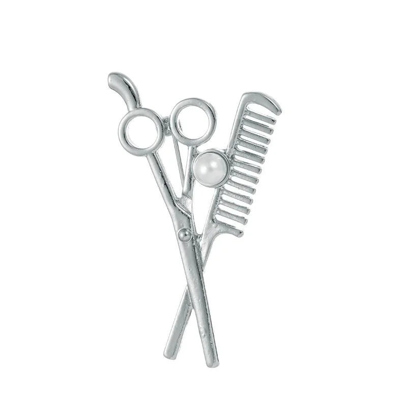 Elegant Gold Alloy Barber Scissors Comb Pearl Brooch, Rhinestone Hairdresser Lapel Pin Suit Accessory Gift