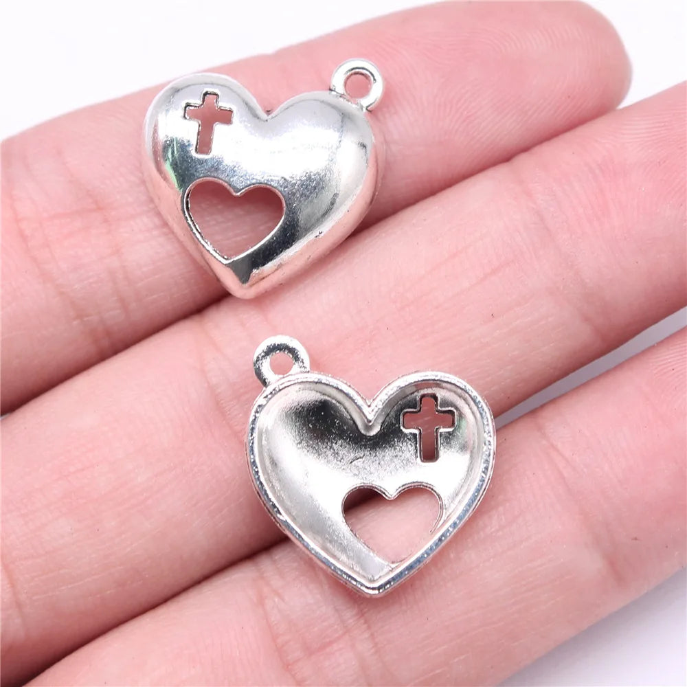 21x19mm 2.1g Antique Silver Zinc Alloy Cross Heart Charm Pendant for DIY Religious Jewelry Making