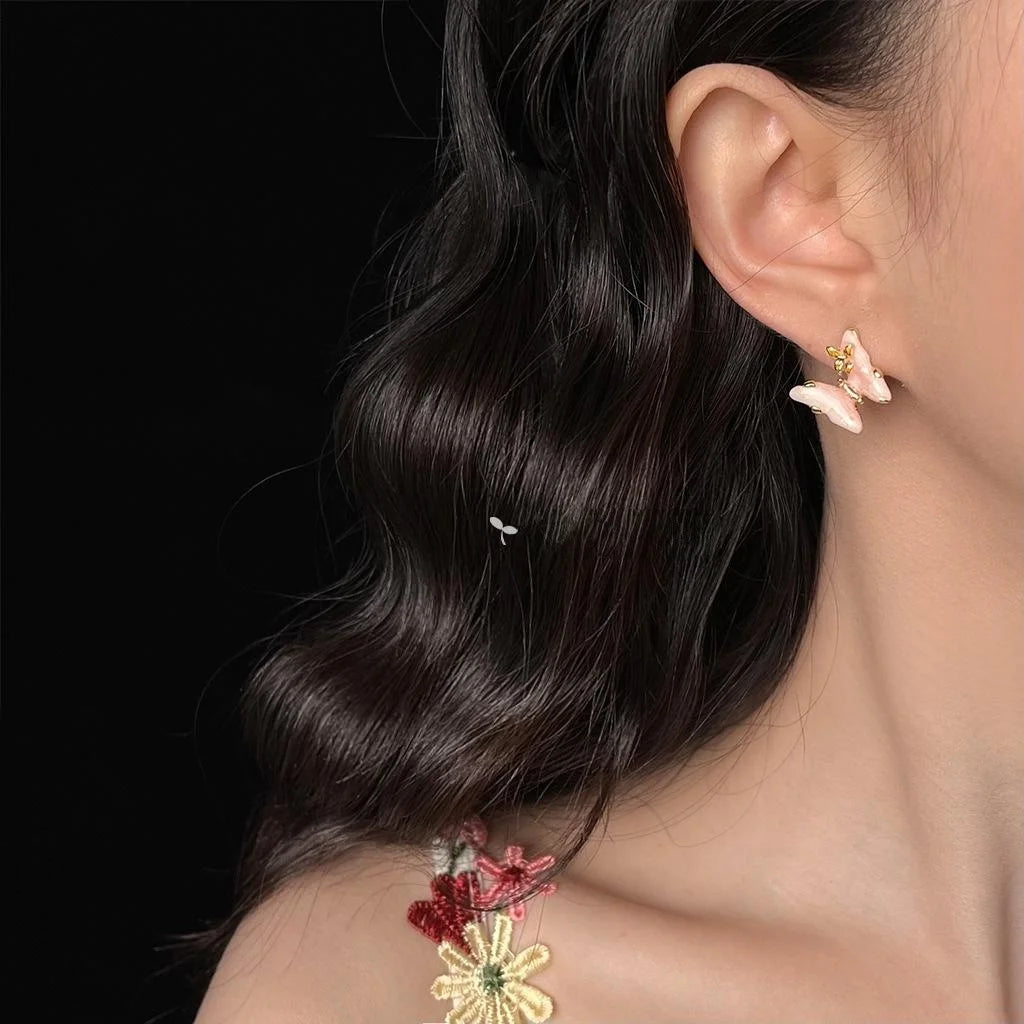 Sweet Pink Gradient Enamel Butterfly Drop Earrings Copper Elegant Original Design