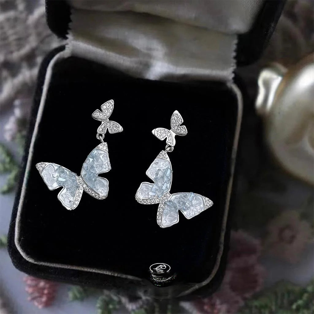 Glacier Blue Micro Pave Zircon Glass Crystal Butterfly Drop Earrings Sweet Copper Summer Jewelry