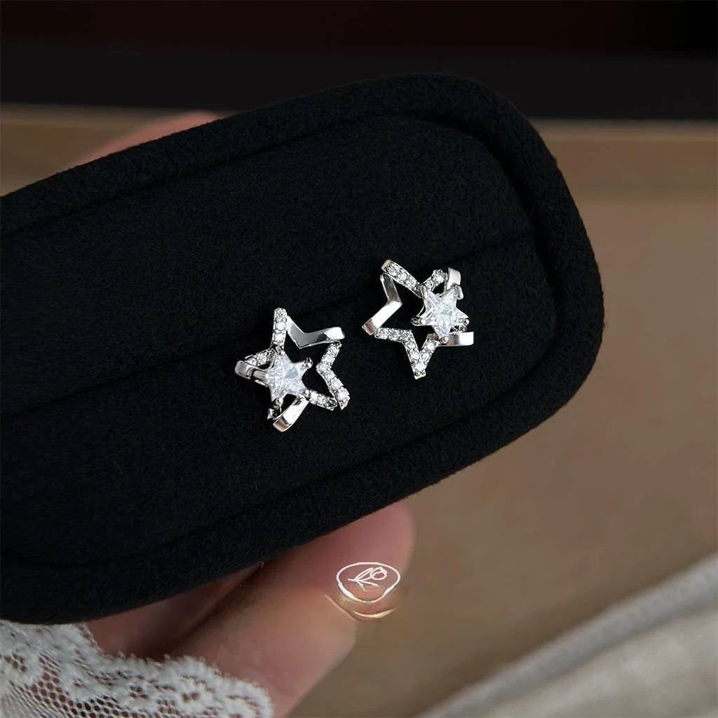 Sweet Cool Star Zircon Micro Pave Copper Stud Earrings Silver Plated Minimalist Jewelry