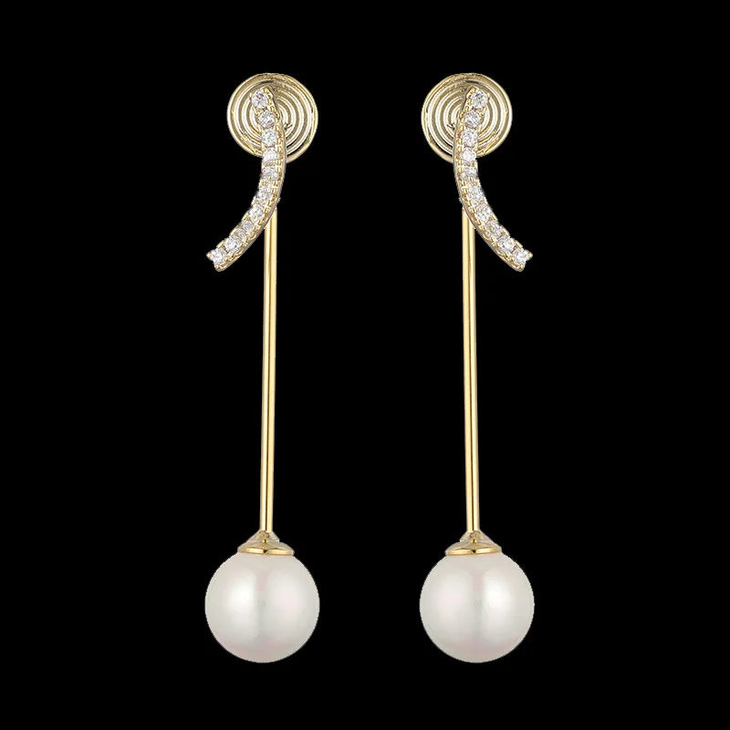 Elegant Luxury Women Long Pearl Drop Spiral Zircon Alloy Stud & Clip On No Piercing Dangle Earrings