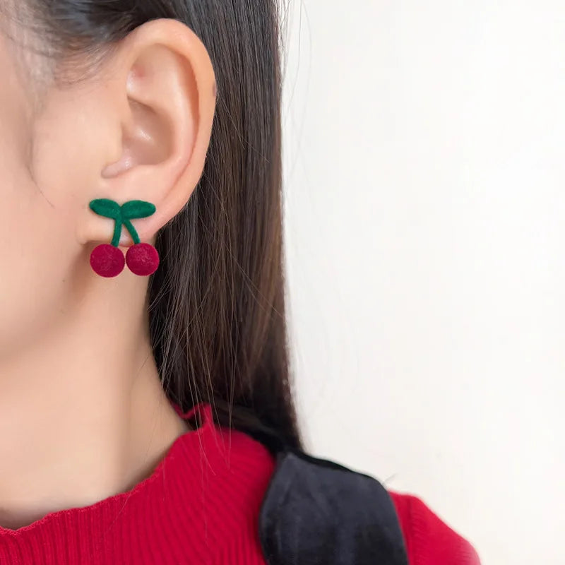 Sweet Flocked Cherry Fruit Stud & Clip On No Piercing Cute Winter Velvet Drop Earrings