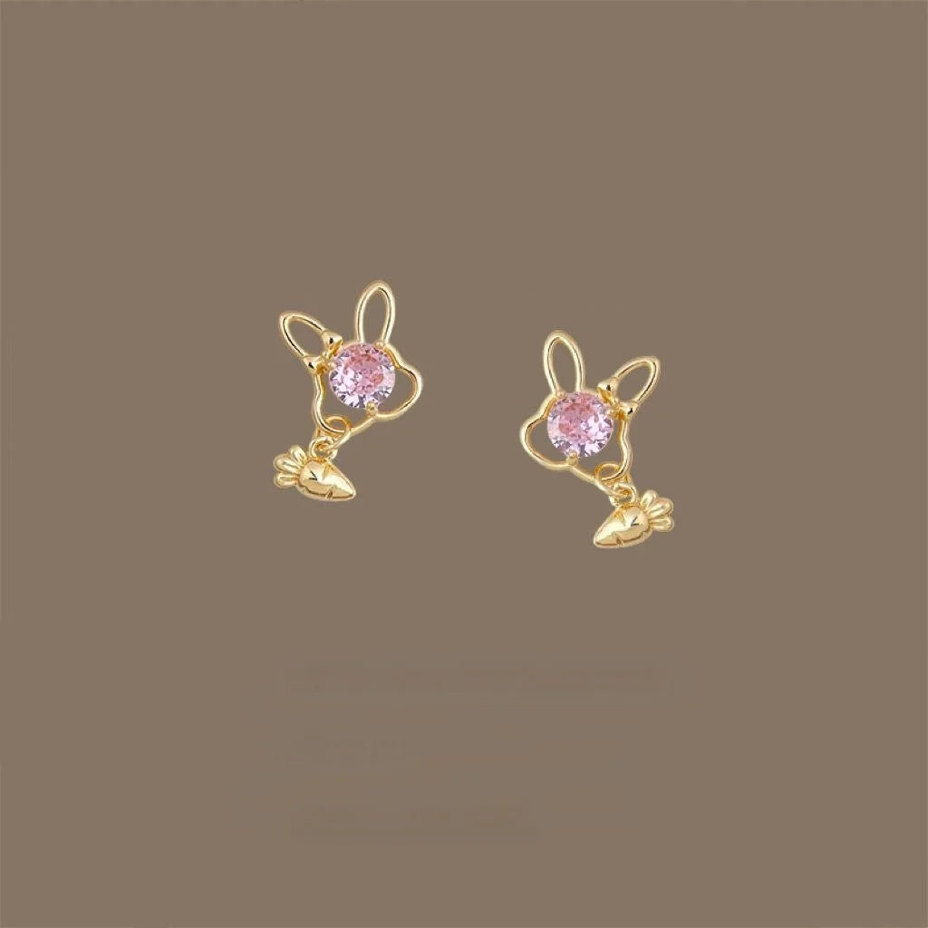 Sweet Pink Bunny Carrot Micro Pave Zircon Copper Drop Earrings For Women