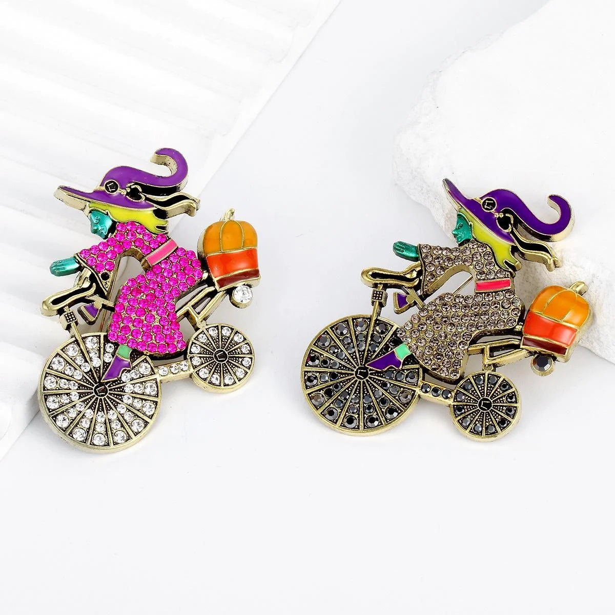 Cute Halloween Witch Riding Bicycle Pumpkin Enamel Rhinestone Alloy Brooch Lapel Pin Gift Accessory