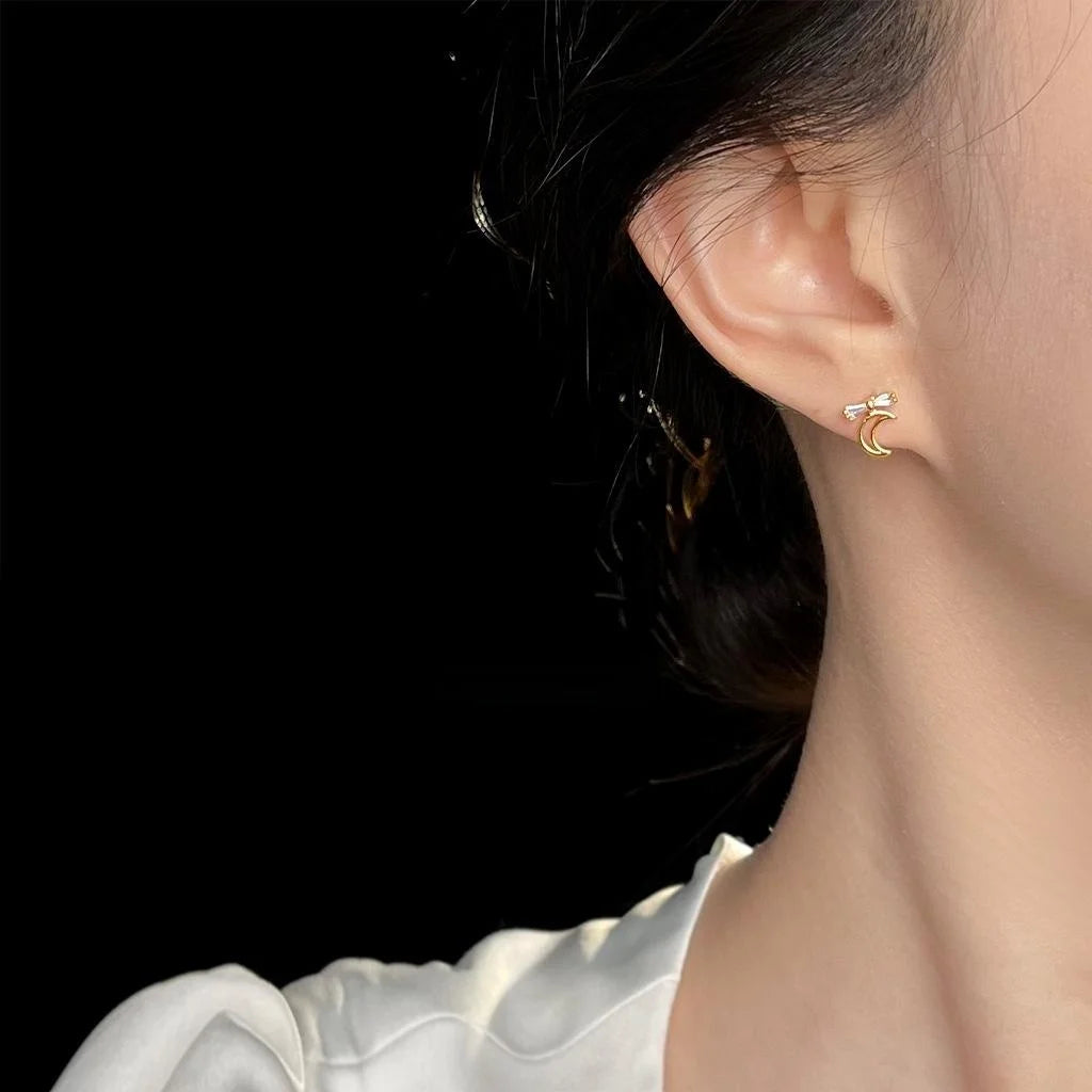 14K Plated Copper Asymmetric Star Moon Micro Pave Zircon Stud Earrings