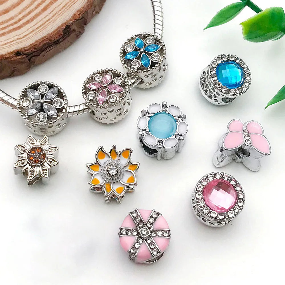 Silver Zinc Alloy Rhinestone Round Heart Butterfly Loose Metal Beads for DIY Bracelet Jewelry