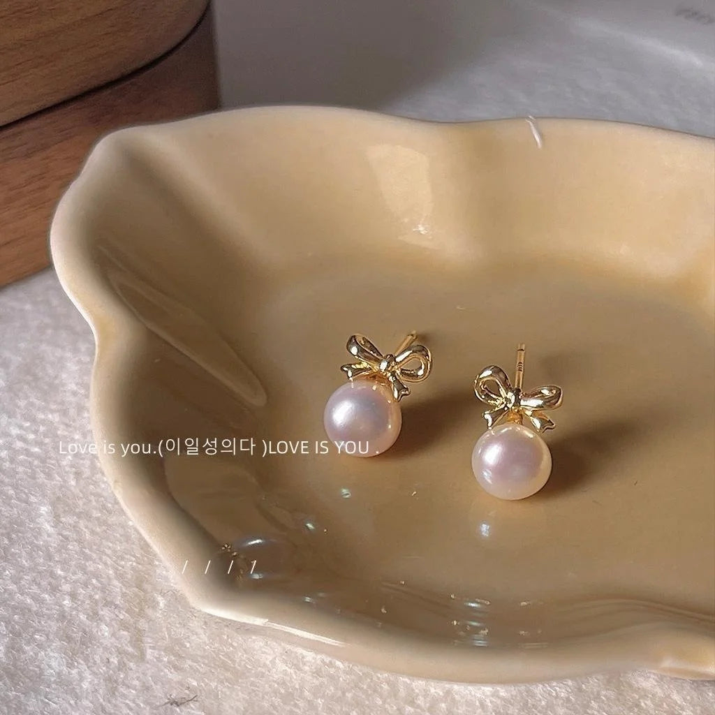 Freshwater Pearl 14K Plated Copper Bow Stud Earrings Mini Fresh Style Jewelry