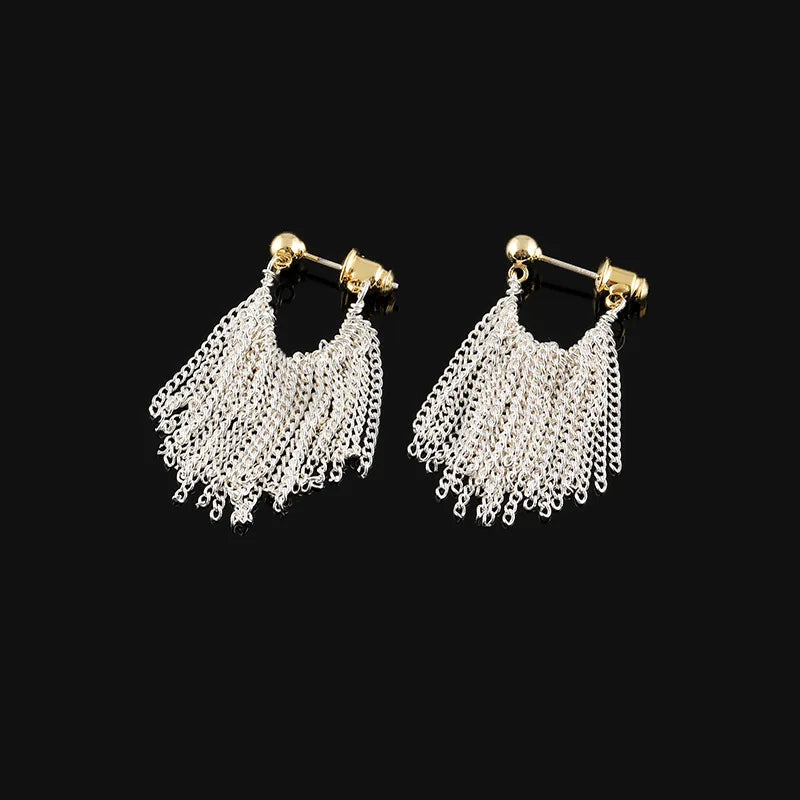Elegant Alloy U Hoop Waterfall Silver Chain Tassel Fashion Stud & Clip On No Piercing Earrings