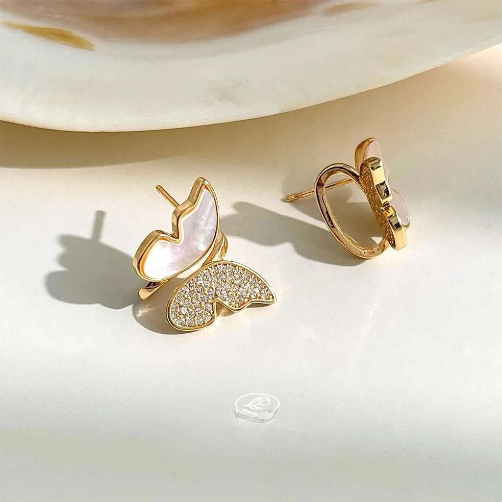 14K Gold Plated Copper Real Shell Butterfly Stud Earrings With Micro Pave Zircon Sweet Elegant Jewelry