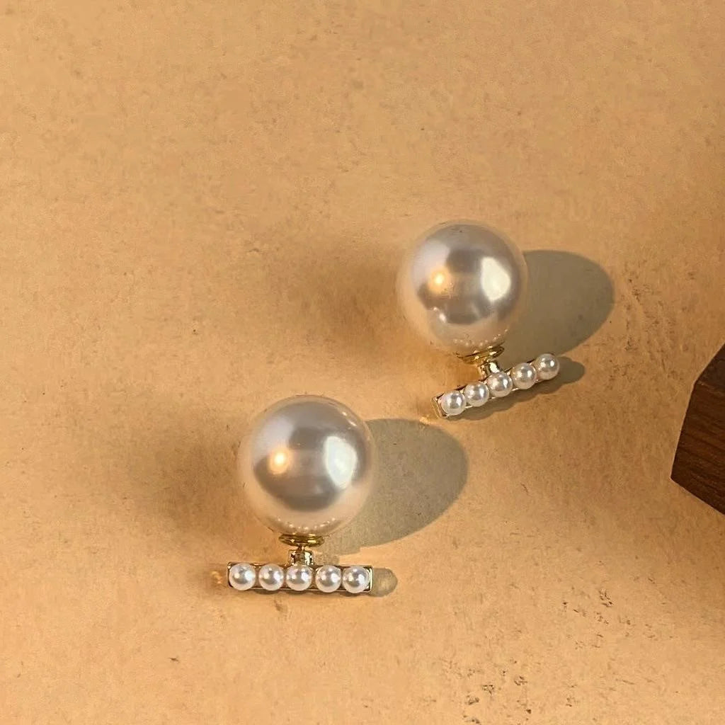 Light Luxury Faux Pearl Stud Earrings Silver Plated Geometric Round Minimalist Two Way Ear Jewelry