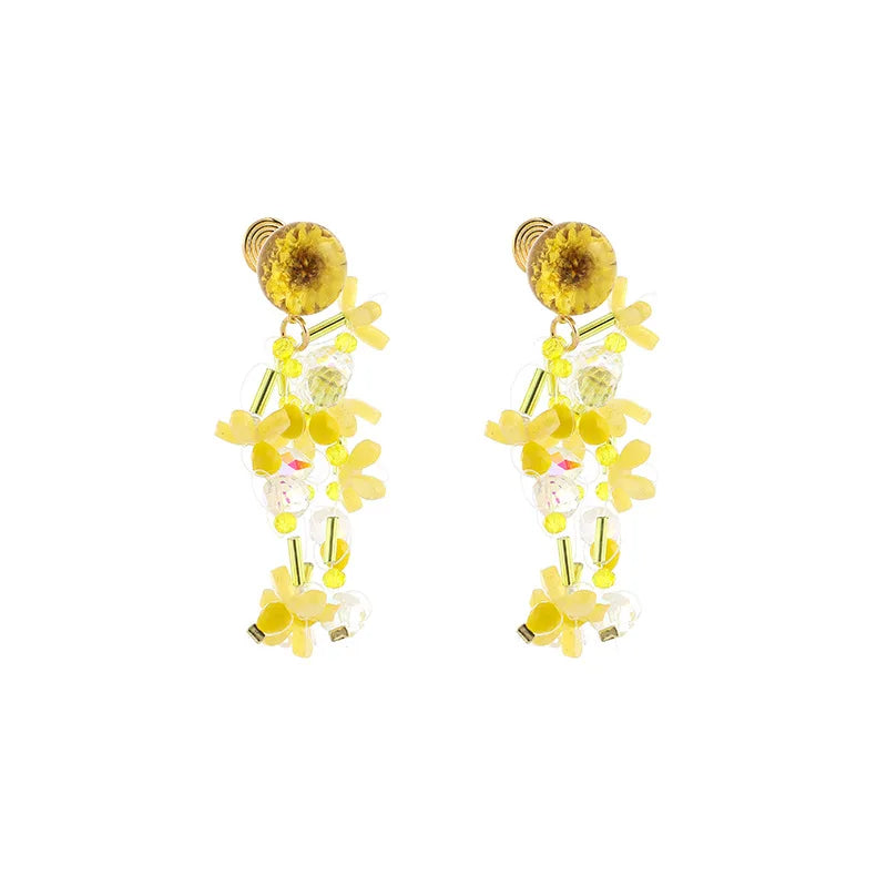 Elegant Yellow Flower Beaded Tassel Crystal Stud & Clip On No Piercing Long Dangle Earrings