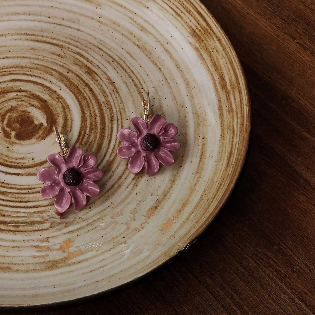 Korean French Style Purple Daisy Flower Metal Drop Earrings For Women Sweet Floral Jewelry