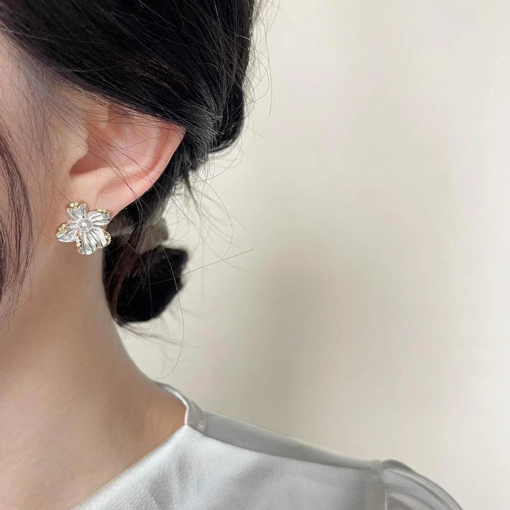 14K Gold Plated Copper 3D Flower Stud Earrings With Micro Pave Zircon Elegant Floral Jewelry