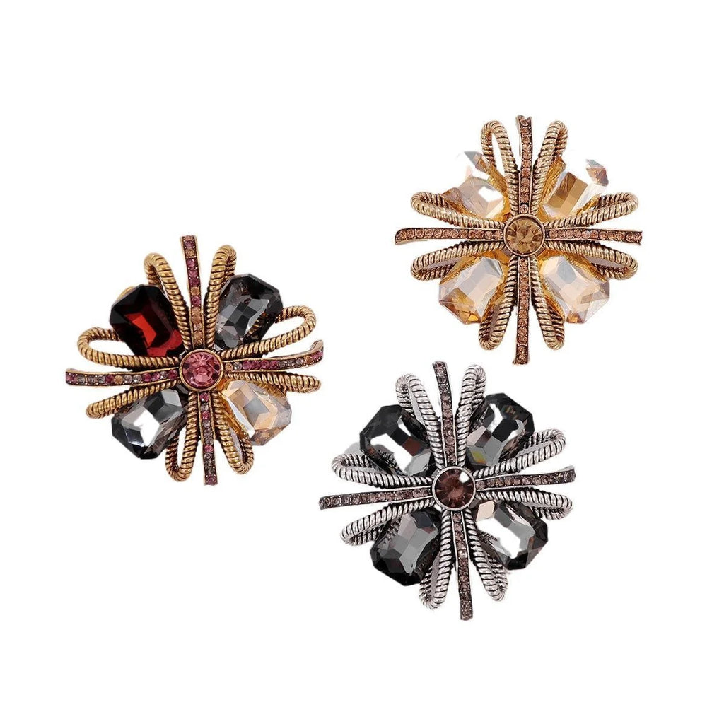 Luxury Square Knot Flower Brooch With Red Crystal Rhinestones, Elegant Alloy Lapel Pin Suit Accessory Gift